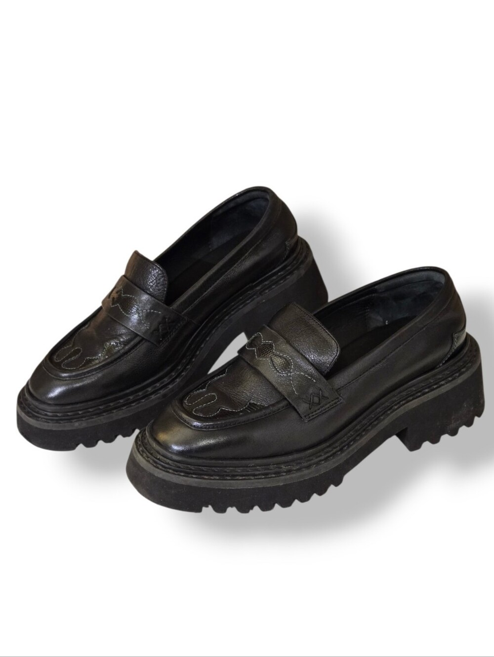Free People Black Leather Chunky Penny Loafers